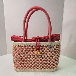 The Sak Woven Straw Hard Case Handbag Natural/Pink/Red Crochet Lined Bucket Styl